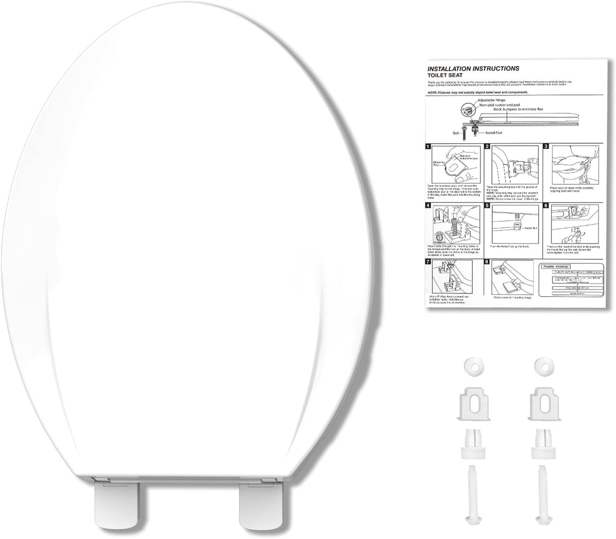 Elongated Toilet Seat with Slow Close & Quiet Close, 19 Inch Never Loosen Durable Lid, Polypropylene Easy to Install & Clean, White