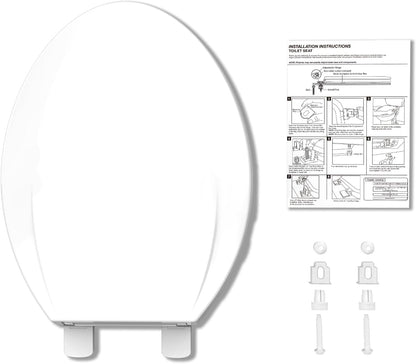 Elongated Toilet Seat with Slow Close & Quiet Close, 19 Inch Never Loosen Durable Lid, Polypropylene Easy to Install & Clean, White