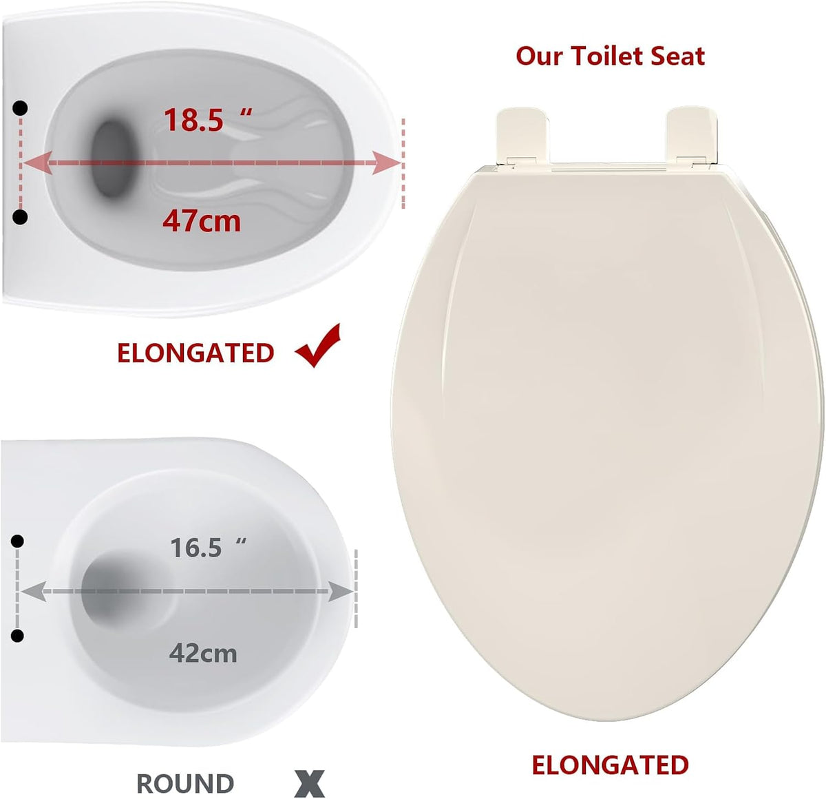 Elongated Toilet Seat with Slow Close & Quiet Close, 19 Inch Never Loosen Durable Lid, Polypropylene Easy to Install & Clean, White