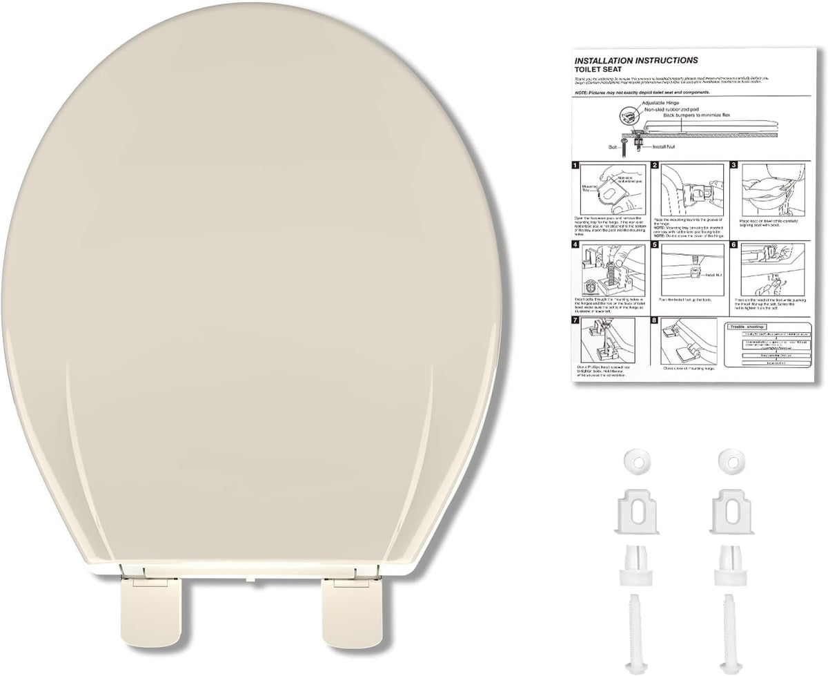 Elongated Toilet Seat with Slow Close & Quiet Close, 19 Inch Never Loosen Durable Lid, Polypropylene Easy to Install & Clean, White
