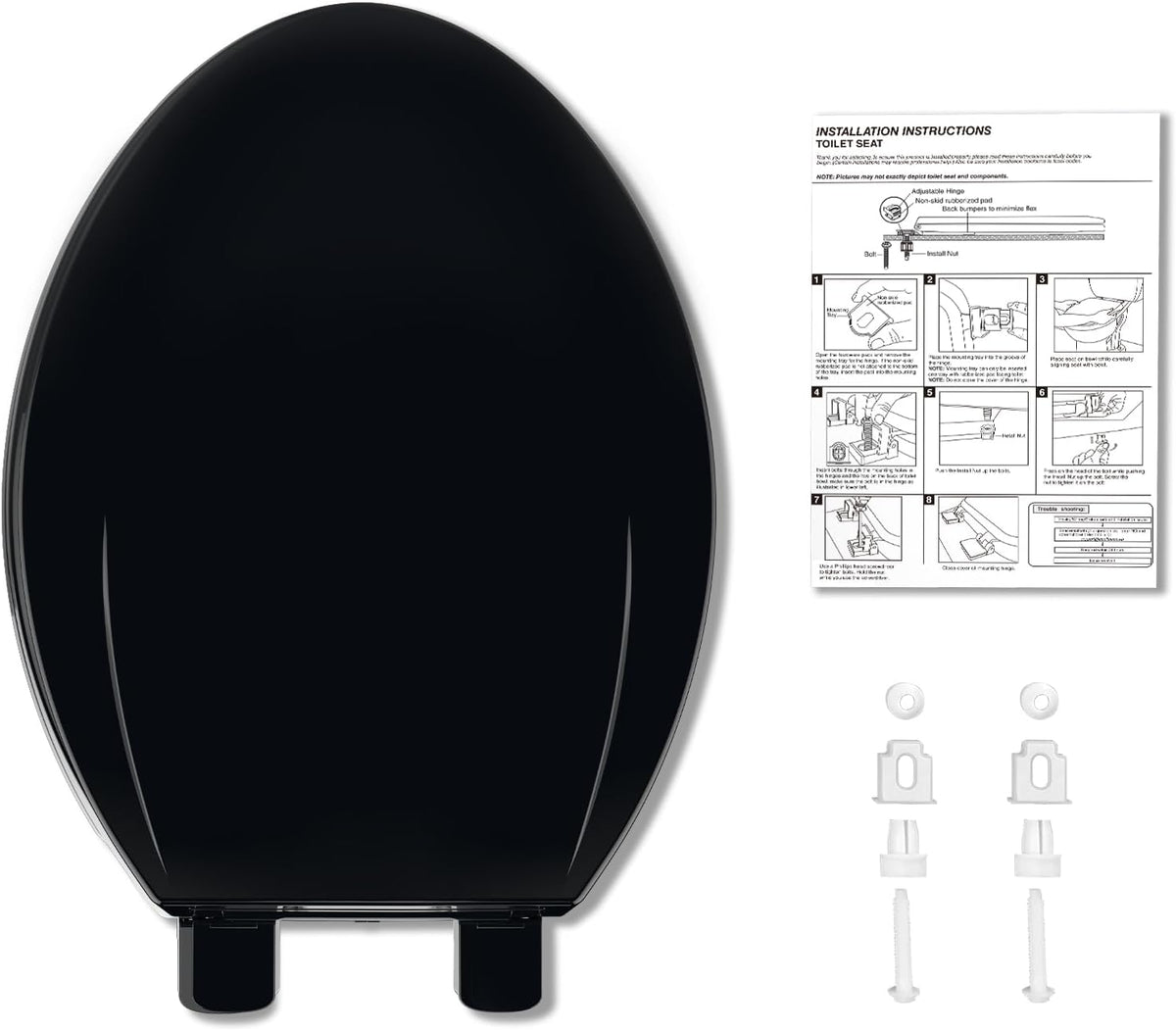 Elongated Toilet Seat with Slow Close & Quiet Close, 19 Inch Never Loosen Durable Lid, Polypropylene Easy to Install & Clean, White