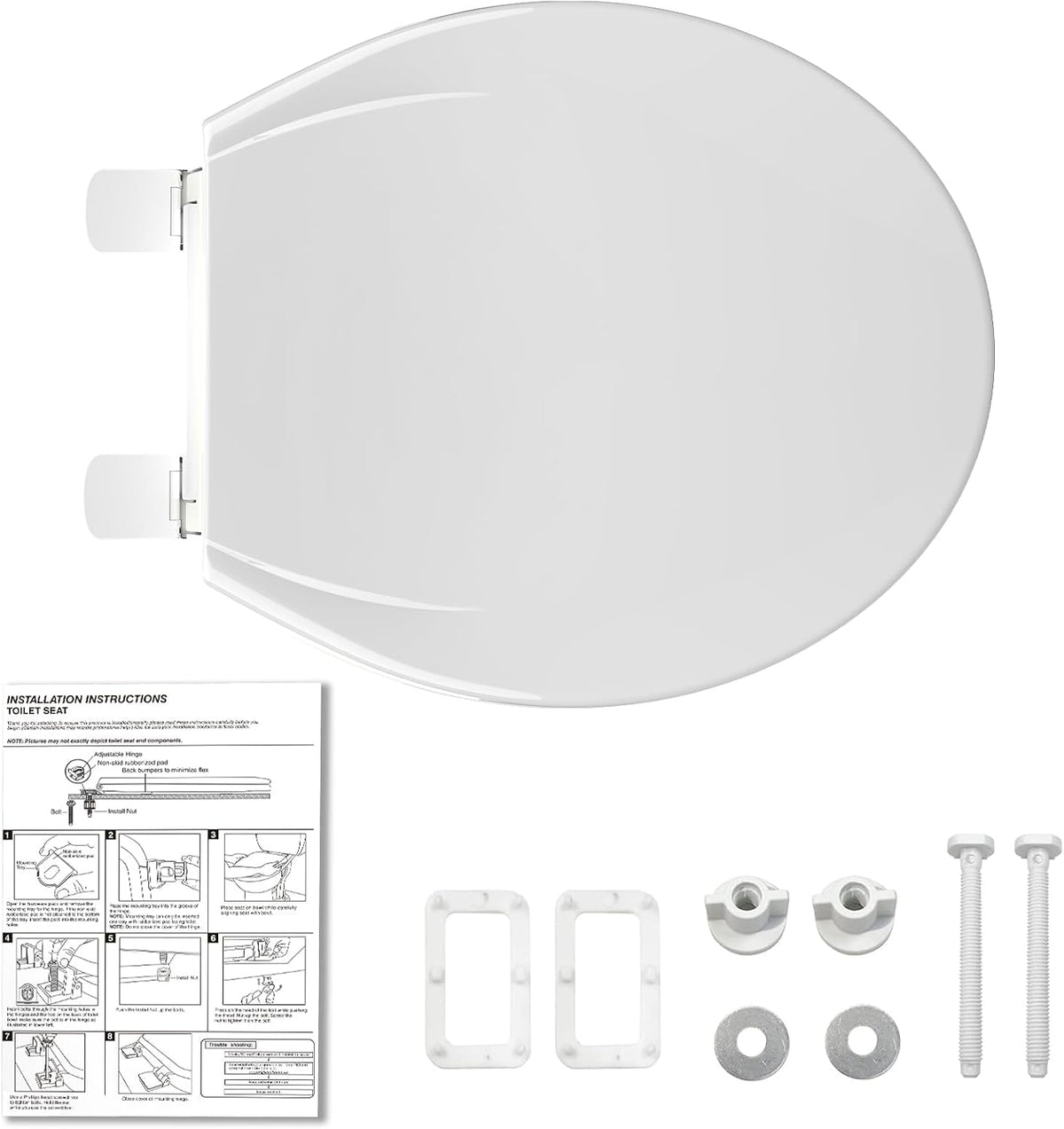 Elongated Toilet Seat with Slow Close & Quiet Close, 19 Inch Never Loosen Durable Lid, Polypropylene Easy to Install & Clean, White