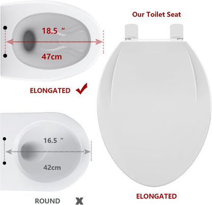 Elongated Toilet Seat with Slow Close & Quiet Close, 19 Inch Never Loosen Durable Lid, Polypropylene Easy to Install & Clean, White
