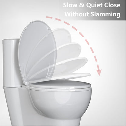 Elongated Toilet Seat with Slow Close & Quiet Close, 19 Inch Never Loosen Durable Lid, Polypropylene Easy to Install & Clean, White