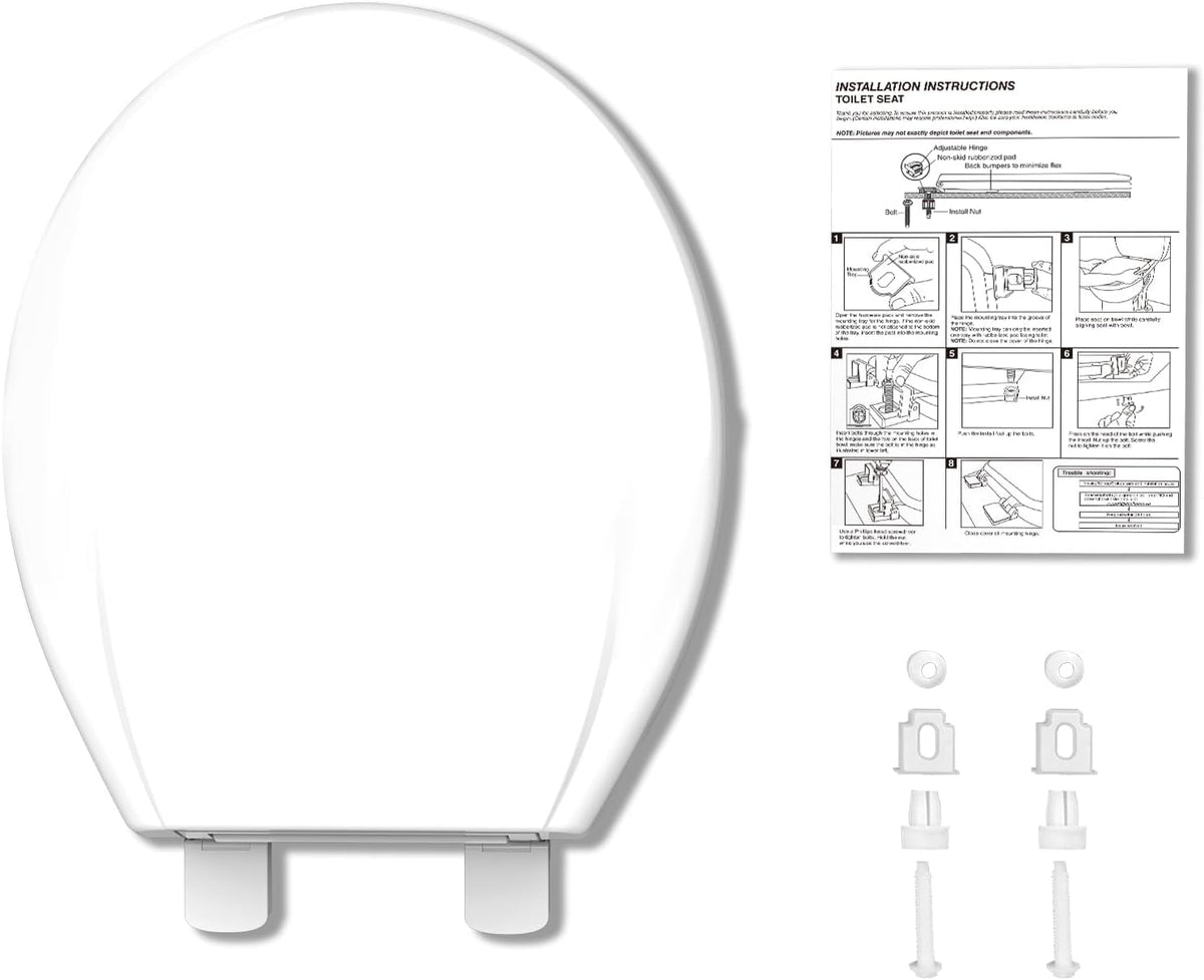Elongated Toilet Seat with Slow Close & Quiet Close, 19 Inch Never Loosen Durable Lid, Polypropylene Easy to Install & Clean, White