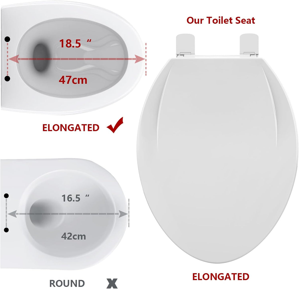 Elongated Toilet Seat with Slow Close & Quiet Close, 19 Inch Never Loosen Durable Lid, Polypropylene Easy to Install & Clean, White