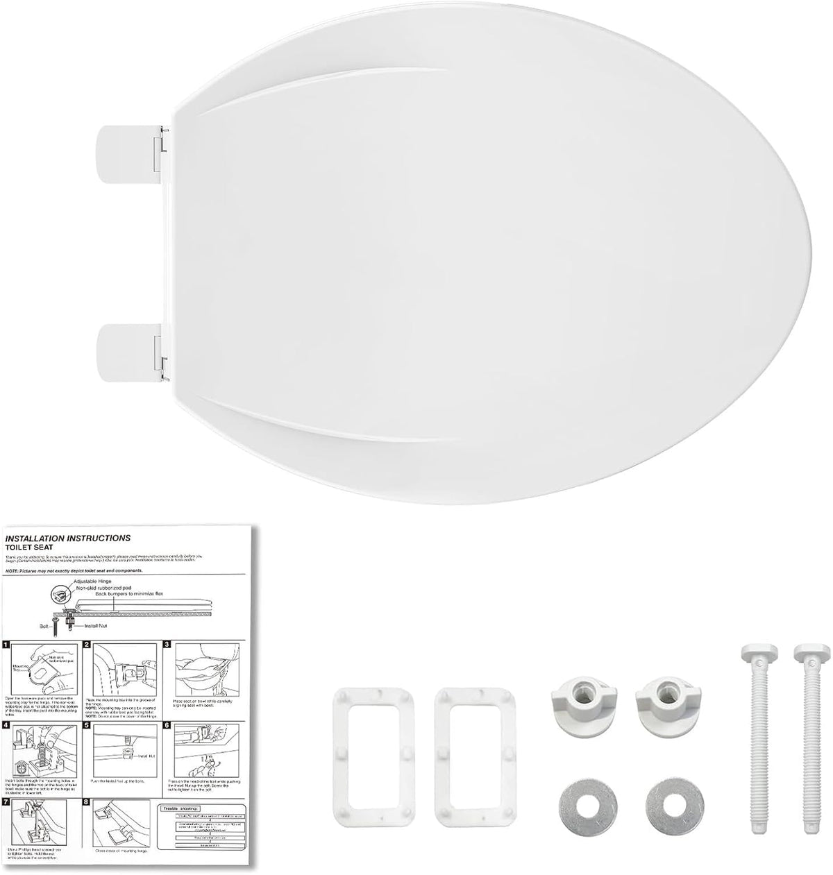 Elongated Toilet Seat with Slow Close & Quiet Close, 19 Inch Never Loosen Durable Lid, Polypropylene Easy to Install & Clean, White