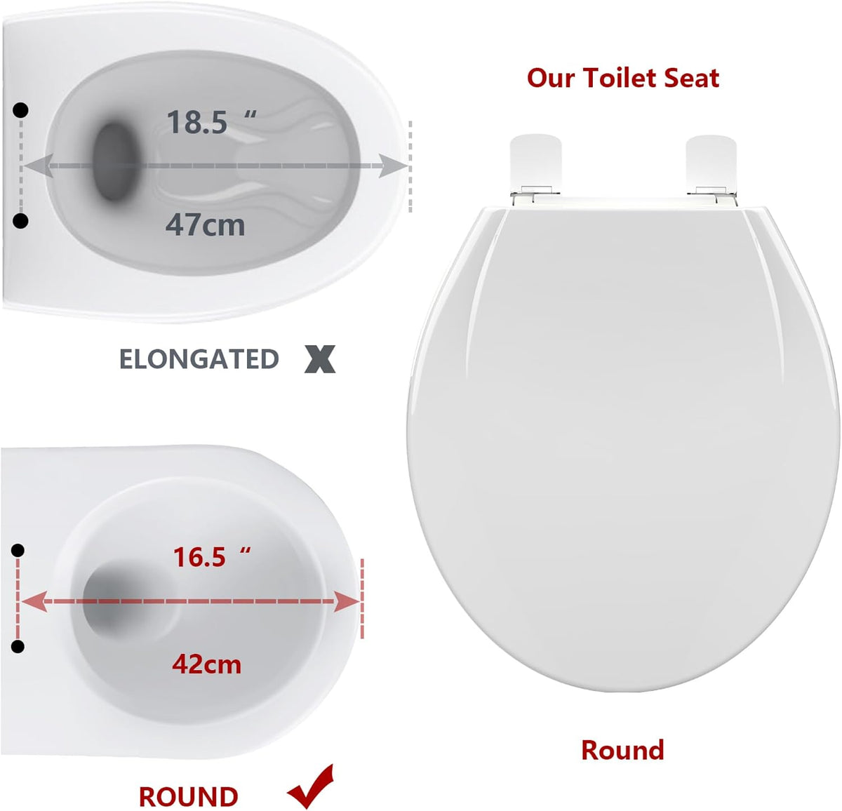 Elongated Toilet Seat with Slow Close & Quiet Close, 19 Inch Never Loosen Durable Lid, Polypropylene Easy to Install & Clean, White