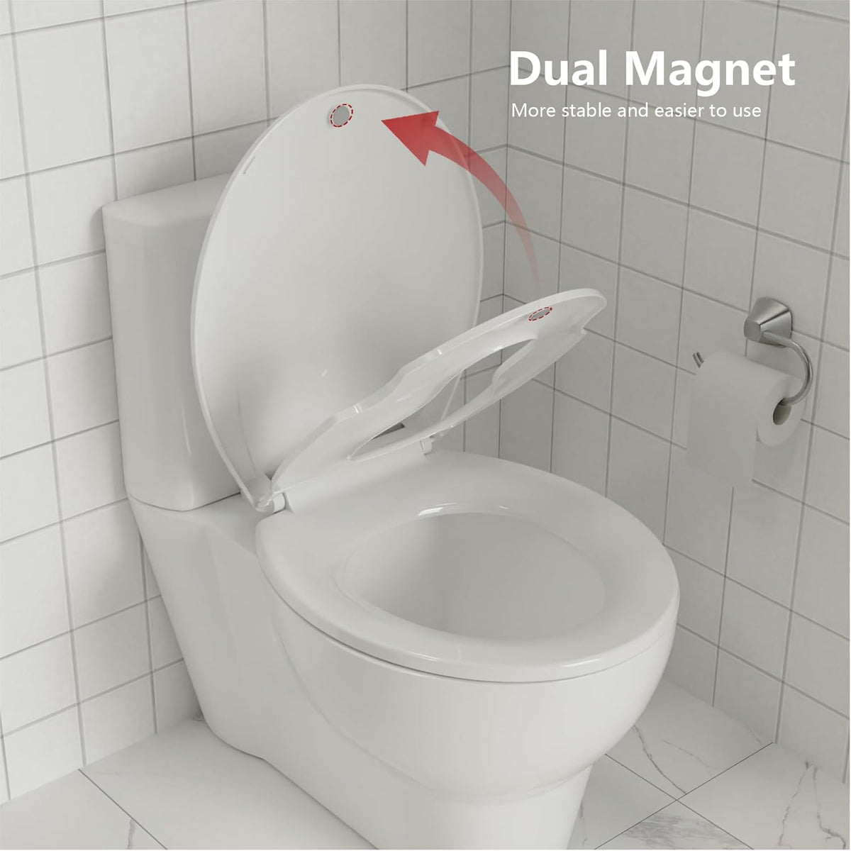 Elongated Toilet Seat with Slow Close & Quiet Close, 19 Inch Never Loosen Durable Lid, Polypropylene Easy to Install & Clean, White