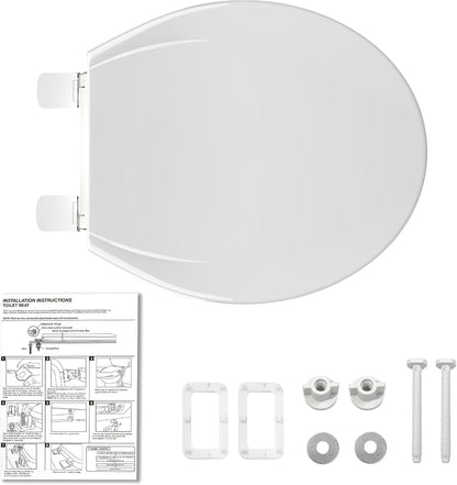 Elongated Toilet Seat with Slow Close & Quiet Close, 19 Inch Never Loosen Durable Lid, Polypropylene Easy to Install & Clean, White