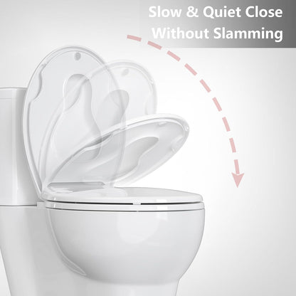 Elongated Toilet Seat with Slow Close & Quiet Close, 19 Inch Never Loosen Durable Lid, Polypropylene Easy to Install & Clean, White