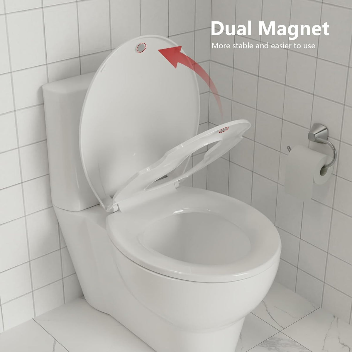 Elongated Toilet Seat with Slow Close & Quiet Close, 19 Inch Never Loosen Durable Lid, Polypropylene Easy to Install & Clean, White
