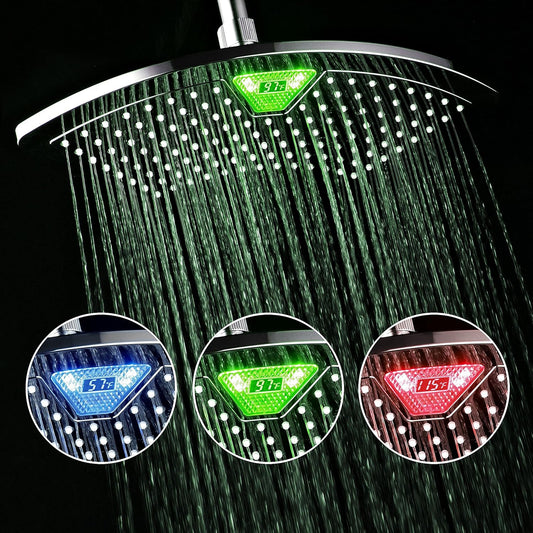 AquaFan 12 inch All-Chrome Rainfall-LED-Shower-Head with Color-Changing LED/LCD Temperature Display