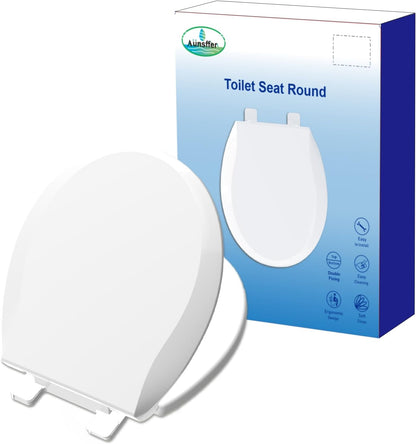 Toilet Seat Round Soft Close, Top and Bottom Fixing Fits for Most Toilet Bowl, Soft Close, Round 16.5inch, PP Material, Safe and Easy Clean, White