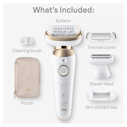 Silk-épil 9 Epilator, Pivoting Head, Wet and Dry, Includes Body Trimmer, Shaver Head and Trimmer Comb, SES9-441
