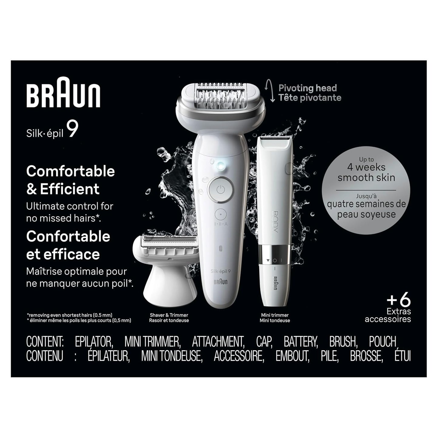 Silk-épil 9 Epilator, Pivoting Head, Wet and Dry, Includes Body Trimmer, Shaver Head and Trimmer Comb, SES9-441
