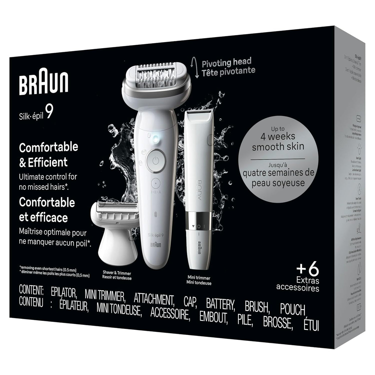 Silk-épil 9 Epilator, Pivoting Head, Wet and Dry, Includes Body Trimmer, Shaver Head and Trimmer Comb, SES9-441