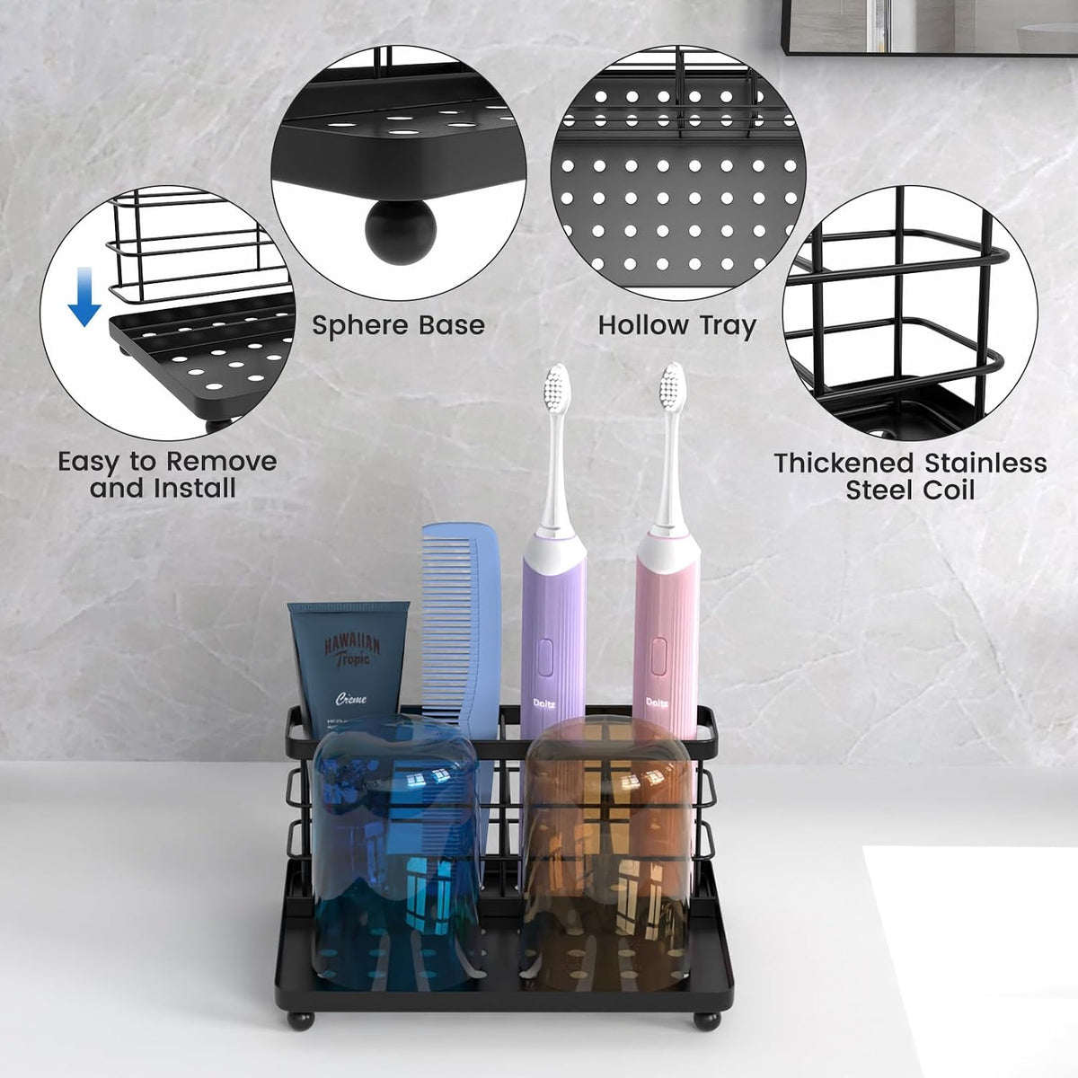 Toothbrush Holders for Bathroom, Stainless Steel, 2 Slots, Black