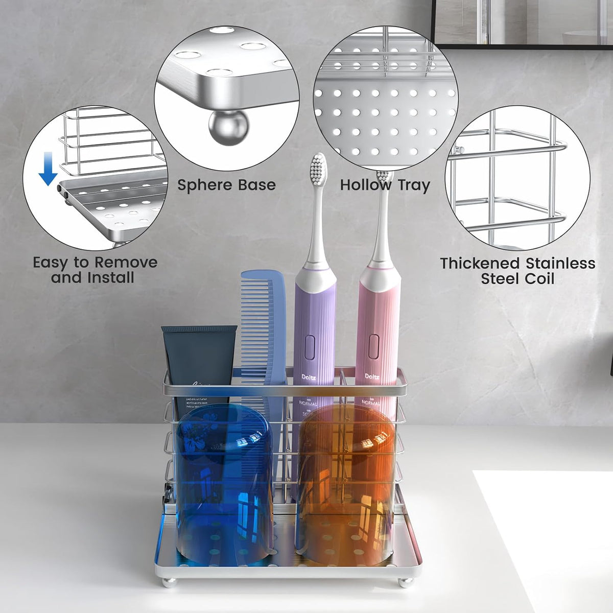 Toothbrush Holders for Bathroom, Stainless Steel, 2 Slots, Black