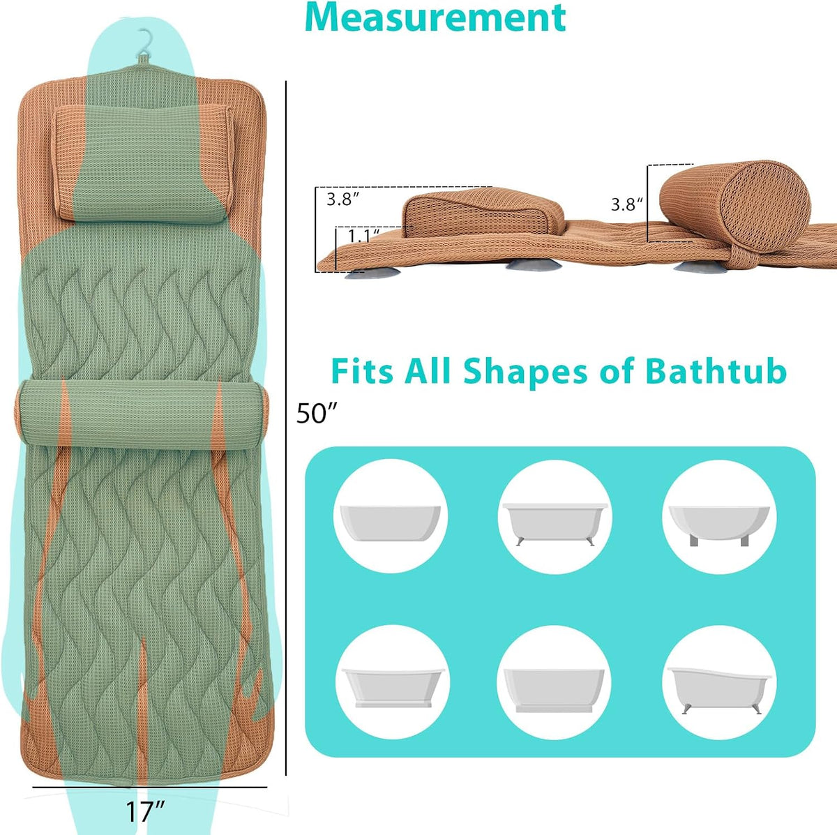 Full Body Bath Pillow Adjustable Lumbar Pillow 14 Suction Cups Gray | Relaxing Soft Bathtub Cushion with laundry bag 3D Air Mesh Fit Any Tub Bathroom Accessories Washable Quick-Dry