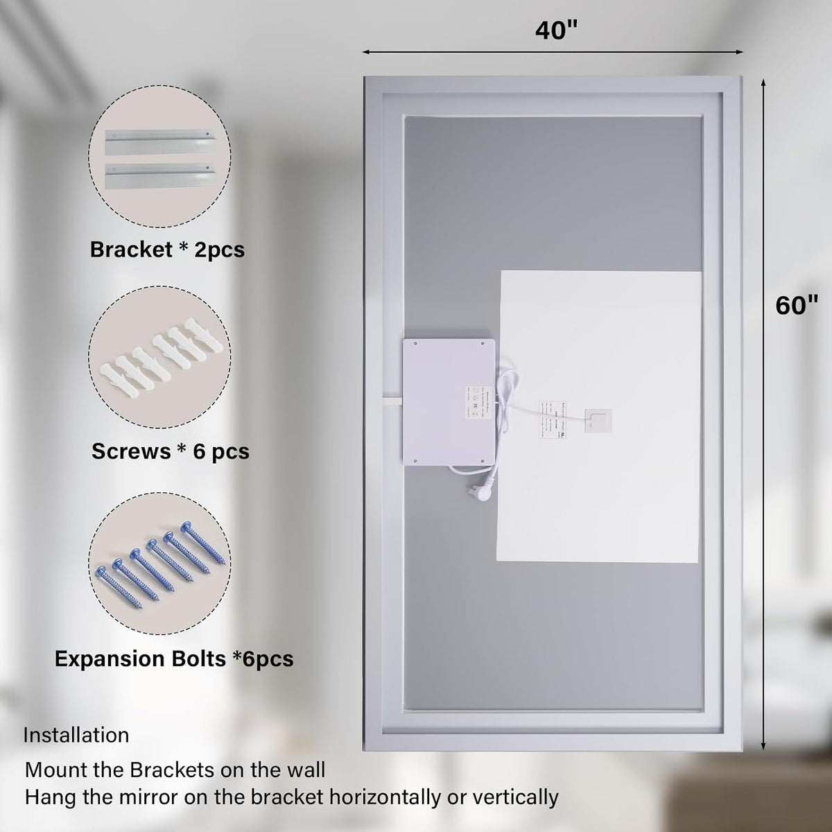 40"X60"LED Bathroom Mirror, Backlit + Front Lit Wall Mirror