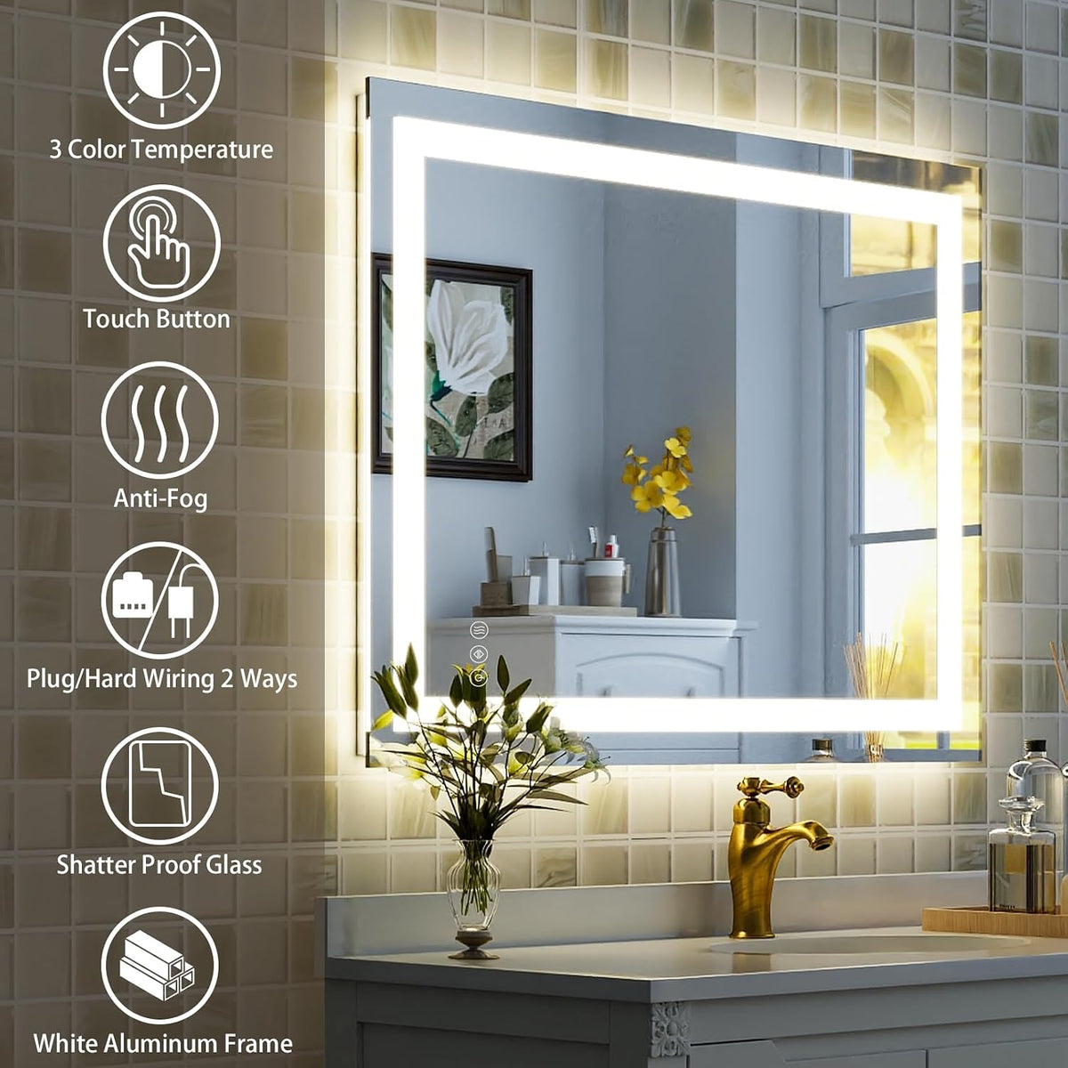 40"X60"LED Bathroom Mirror, Backlit + Front Lit Wall Mirror
