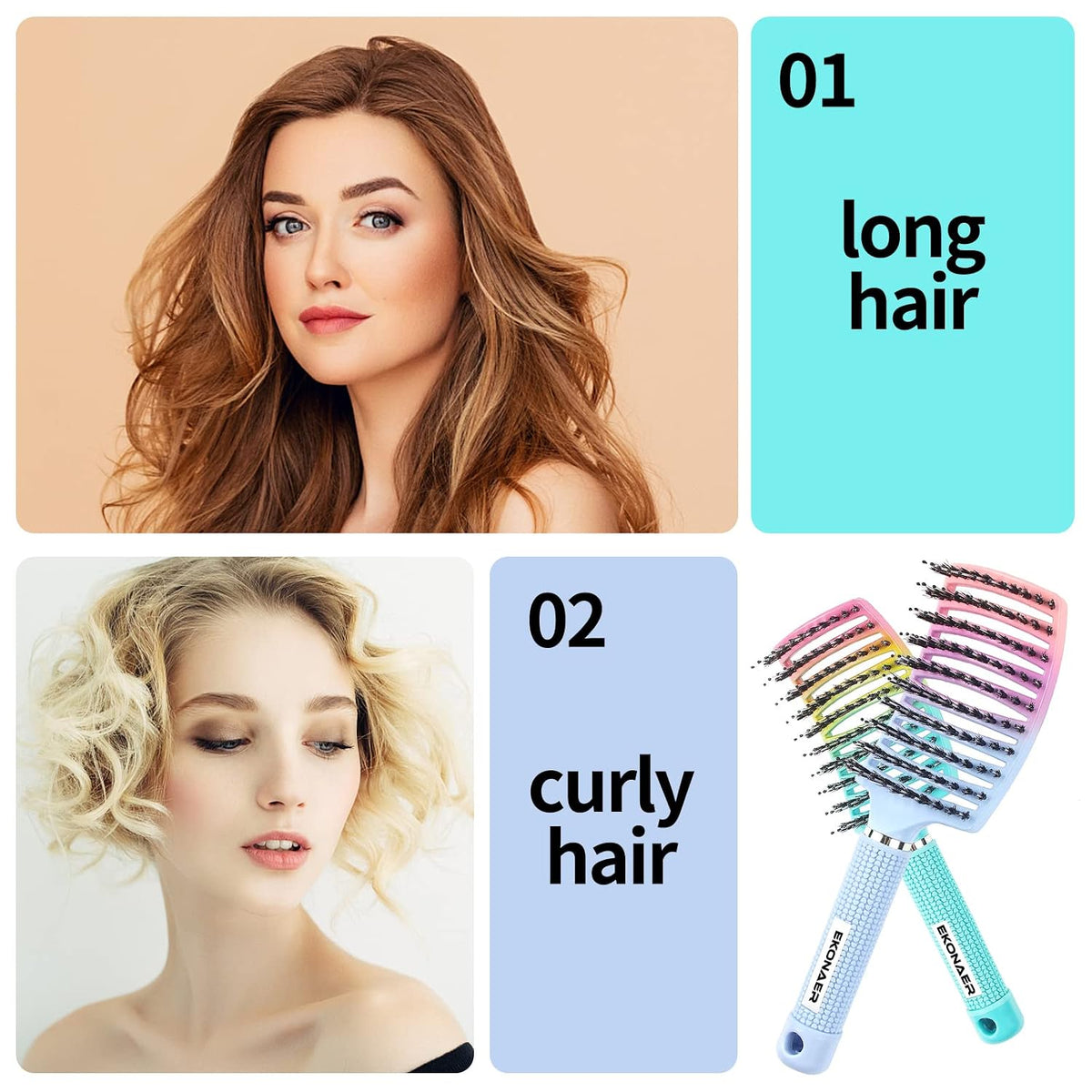 3 Pack Vented Quick Drying Massage Blow Detangler Brush,Boar Bristle Hair Brush Set-Curved,Detangling Hair Brush for Women Long,Thick, Thin, Curly(Green)