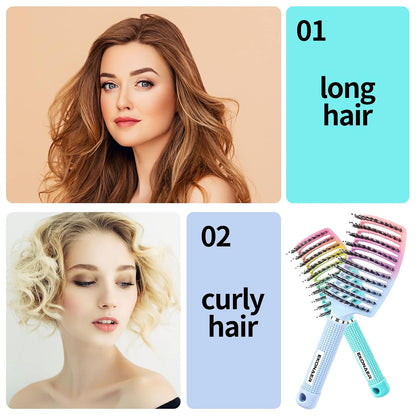 3 Pack Vented Quick Drying Massage Blow Detangler Brush,Boar Bristle Hair Brush Set-Curved,Detangling Hair Brush for Women Long,Thick, Thin, Curly(Green)