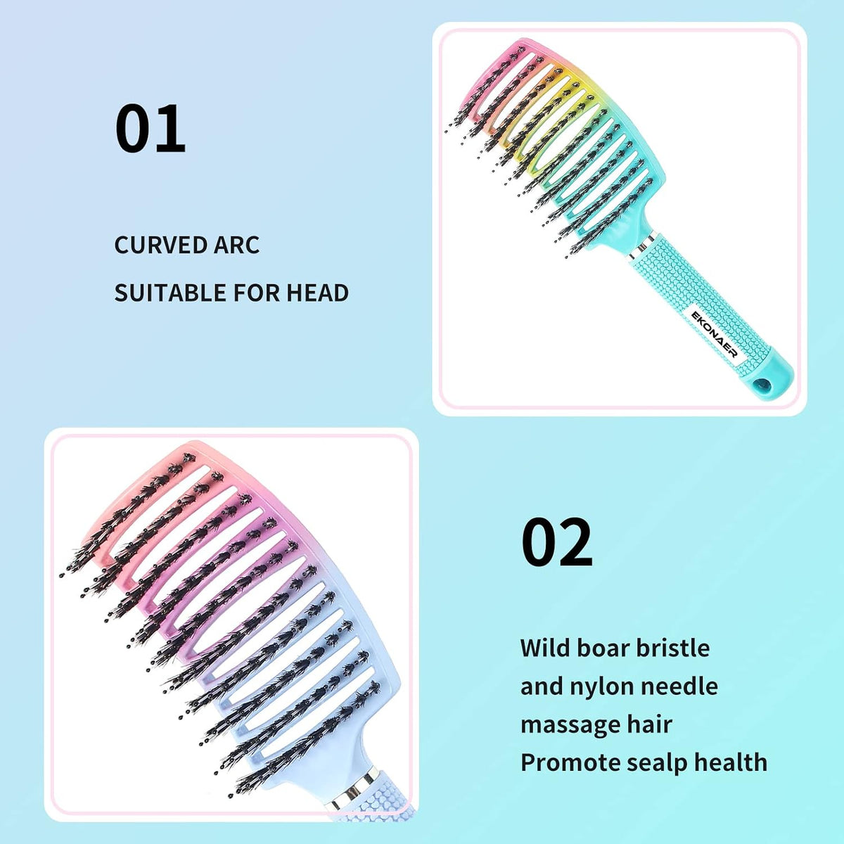 3 Pack Vented Quick Drying Massage Blow Detangler Brush,Boar Bristle Hair Brush Set-Curved,Detangling Hair Brush for Women Long,Thick, Thin, Curly(Green)