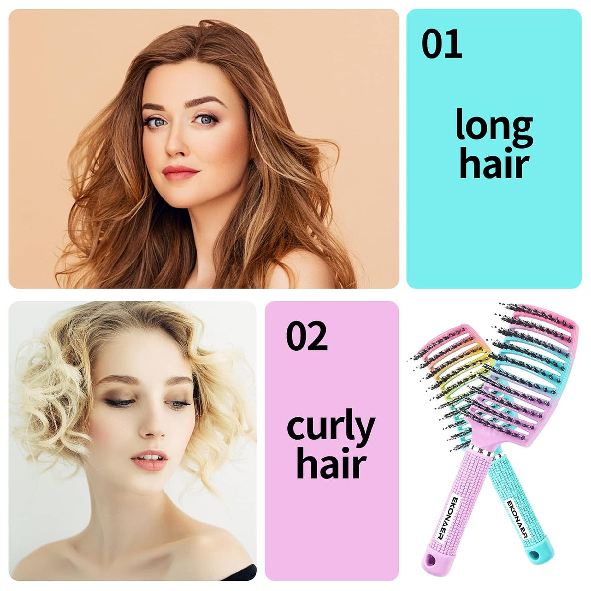 3 Pack Vented Quick Drying Massage Blow Detangler Brush,Boar Bristle Hair Brush Set-Curved,Detangling Hair Brush for Women Long,Thick, Thin, Curly(Green)