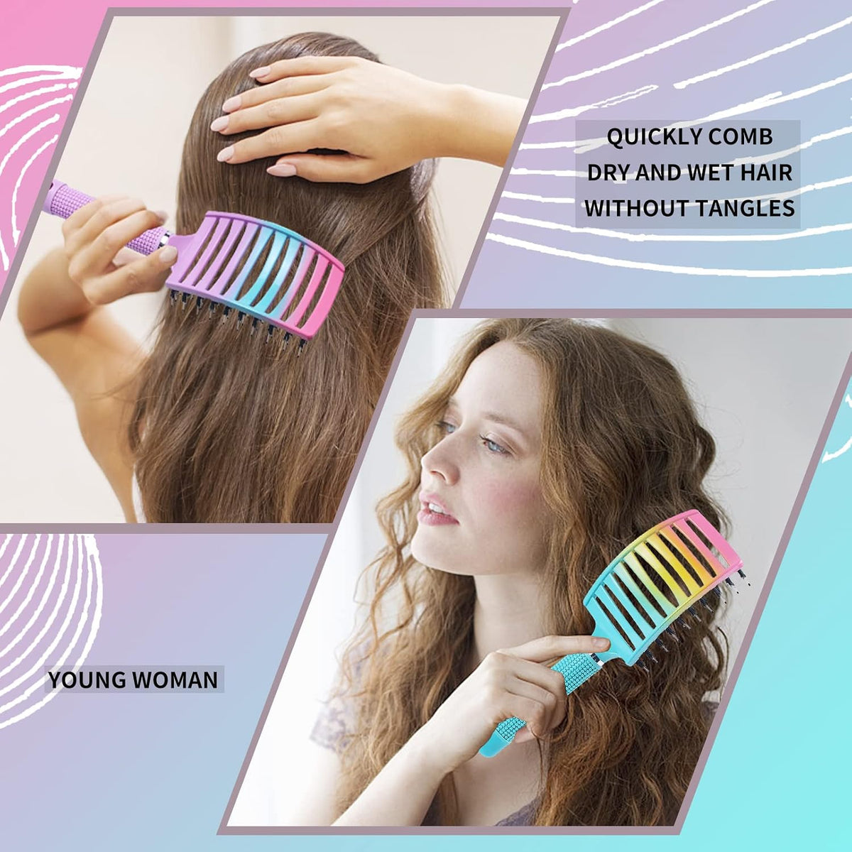3 Pack Vented Quick Drying Massage Blow Detangler Brush,Boar Bristle Hair Brush Set-Curved,Detangling Hair Brush for Women Long,Thick, Thin, Curly(Green)