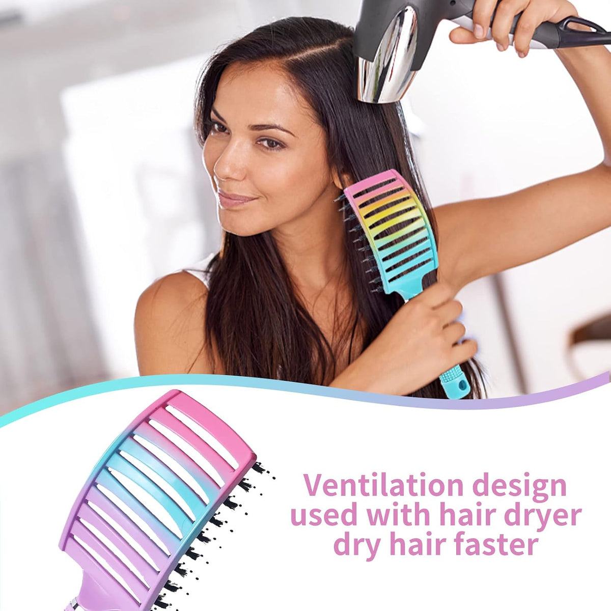 3 Pack Vented Quick Drying Massage Blow Detangler Brush,Boar Bristle Hair Brush Set-Curved,Detangling Hair Brush for Women Long,Thick, Thin, Curly(Green)