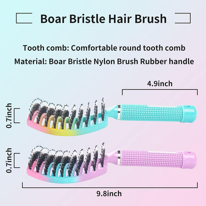 3 Pack Vented Quick Drying Massage Blow Detangler Brush,Boar Bristle Hair Brush Set-Curved,Detangling Hair Brush for Women Long,Thick, Thin, Curly(Green)