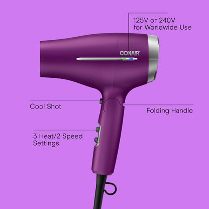 Travel Hair Dryer, Double-Ceramic Design, Foldable Handle, White | Compact 1875-watt blow dryer with ionic technology for all hair types, includes concentrator nozzle to direct airflow