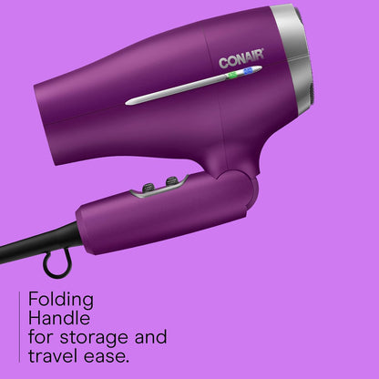 Travel Hair Dryer, Double-Ceramic Design, Foldable Handle, White | Compact 1875-watt blow dryer with ionic technology for all hair types, includes concentrator nozzle to direct airflow