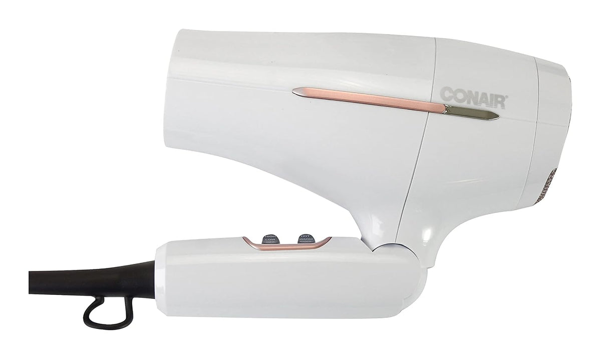 Travel Hair Dryer, Double-Ceramic Design, Foldable Handle, White | Compact 1875-watt blow dryer with ionic technology for all hair types, includes concentrator nozzle to direct airflow