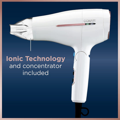 Travel Hair Dryer, Double-Ceramic Design, Foldable Handle, White | Compact 1875-watt blow dryer with ionic technology for all hair types, includes concentrator nozzle to direct airflow
