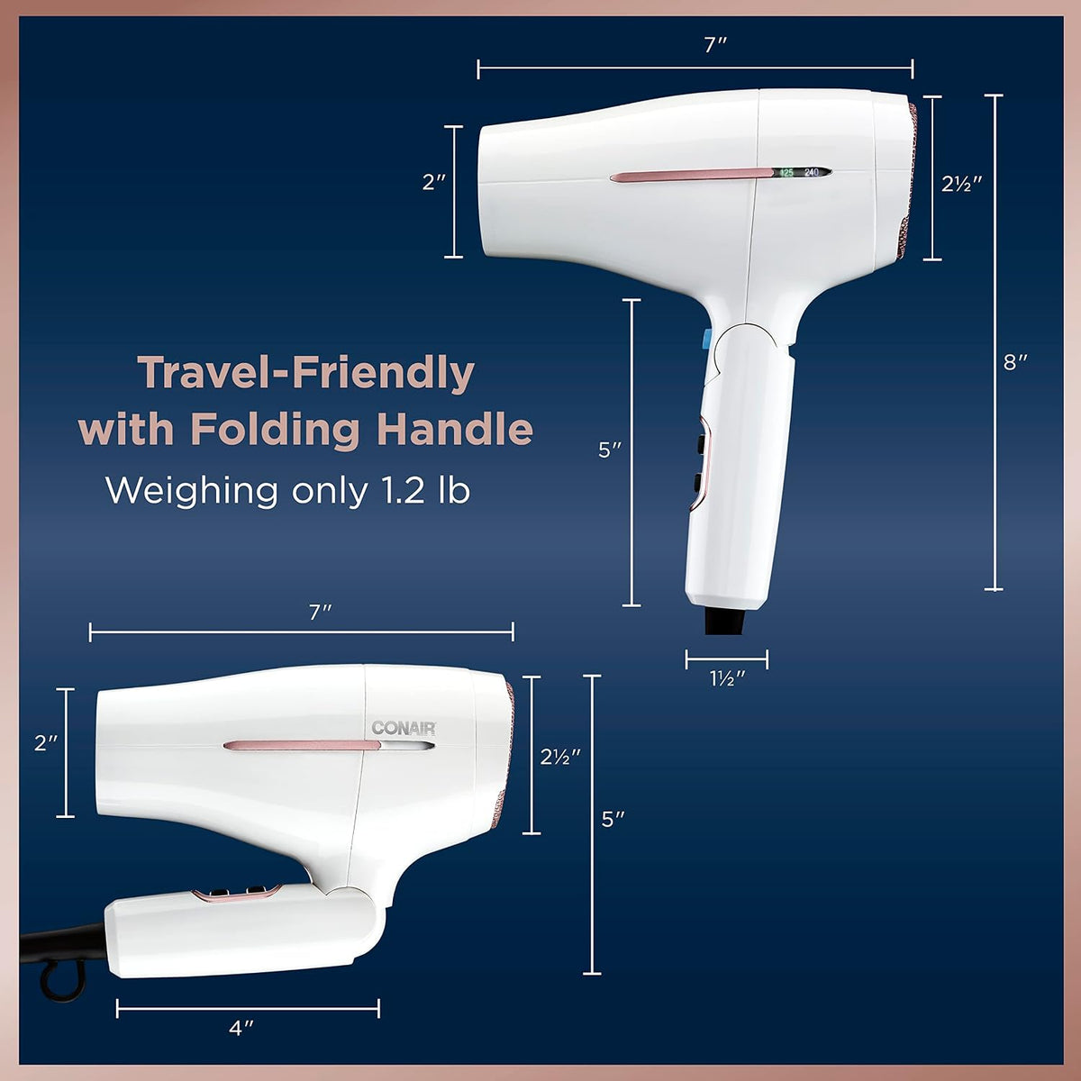 Travel Hair Dryer, Double-Ceramic Design, Foldable Handle, White | Compact 1875-watt blow dryer with ionic technology for all hair types, includes concentrator nozzle to direct airflow