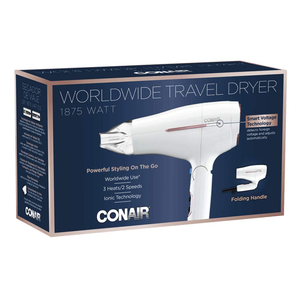 Travel Hair Dryer, Double-Ceramic Design, Foldable Handle, White | Compact 1875-watt blow dryer with ionic technology for all hair types, includes concentrator nozzle to direct airflow
