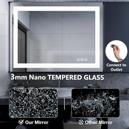 36"x48" Smart Anti-Fog LED Bathroom Mirror with Front Light & Backlit, 3 Color Modes, Dimmable, Memory Function, Wall-Mounted Modern Rectangular Vanity Mirror, White