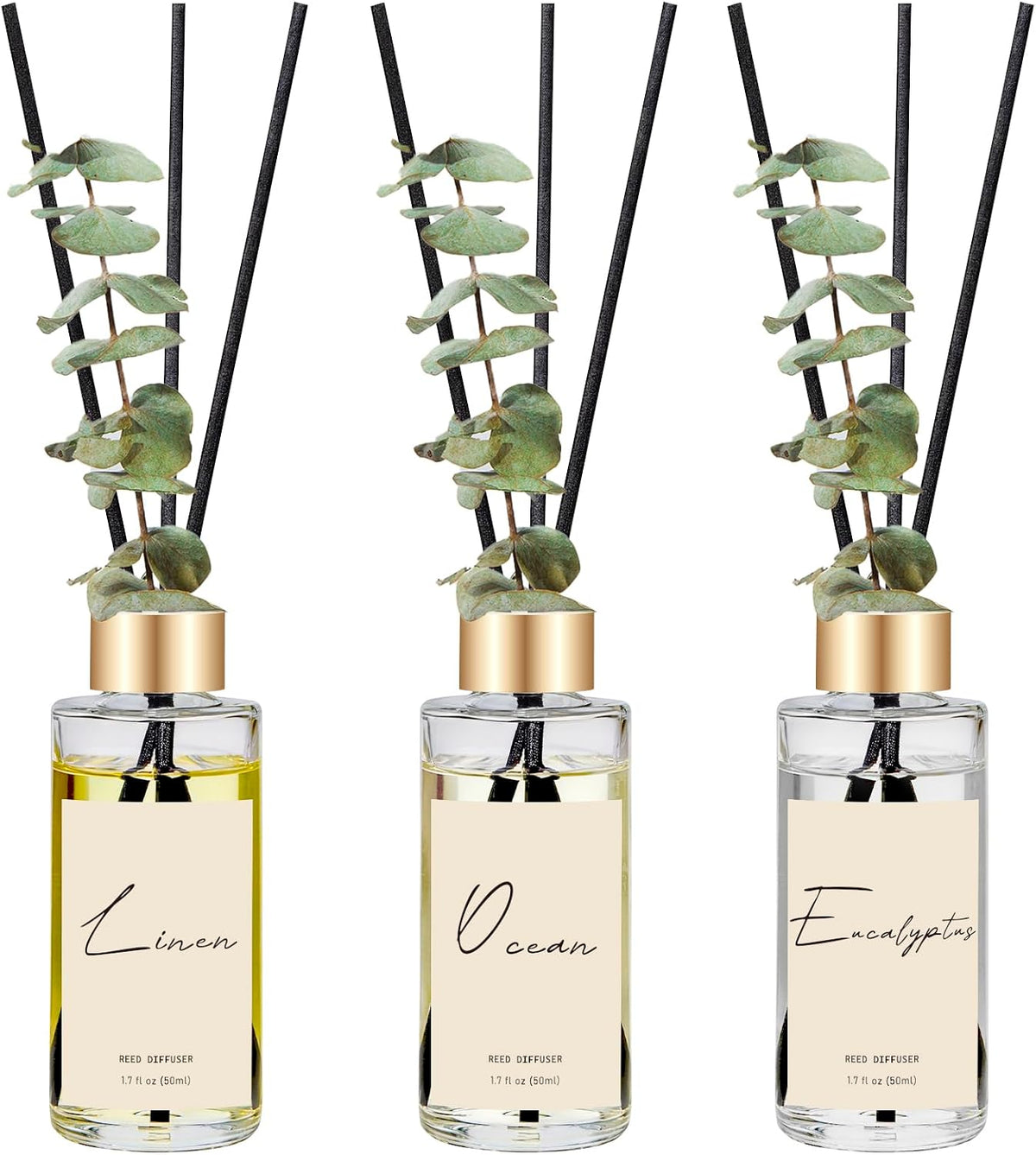Reed Diffuser Set of 3, Eucalyptus, Linen, Ocean Oil Diffusers with Sticks