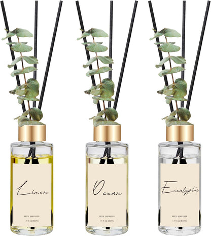 Reed Diffuser Set of 3, Eucalyptus, Linen, Ocean Oil Diffusers with Sticks
