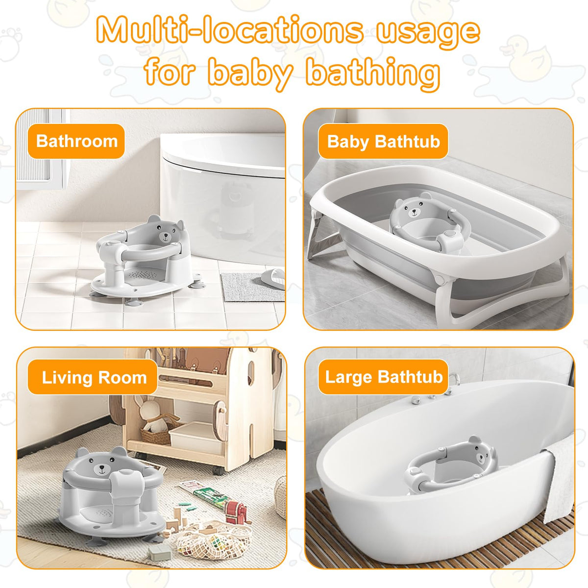 Baby Bath Seat for Babies 6 Months & up, Non-Slip Toddler Bath Seats for Babies Sitting Up, Safe Infant & Newborn Bathtub Chair with 4 Suction Cups & Soft Cushion for Shower,Gray