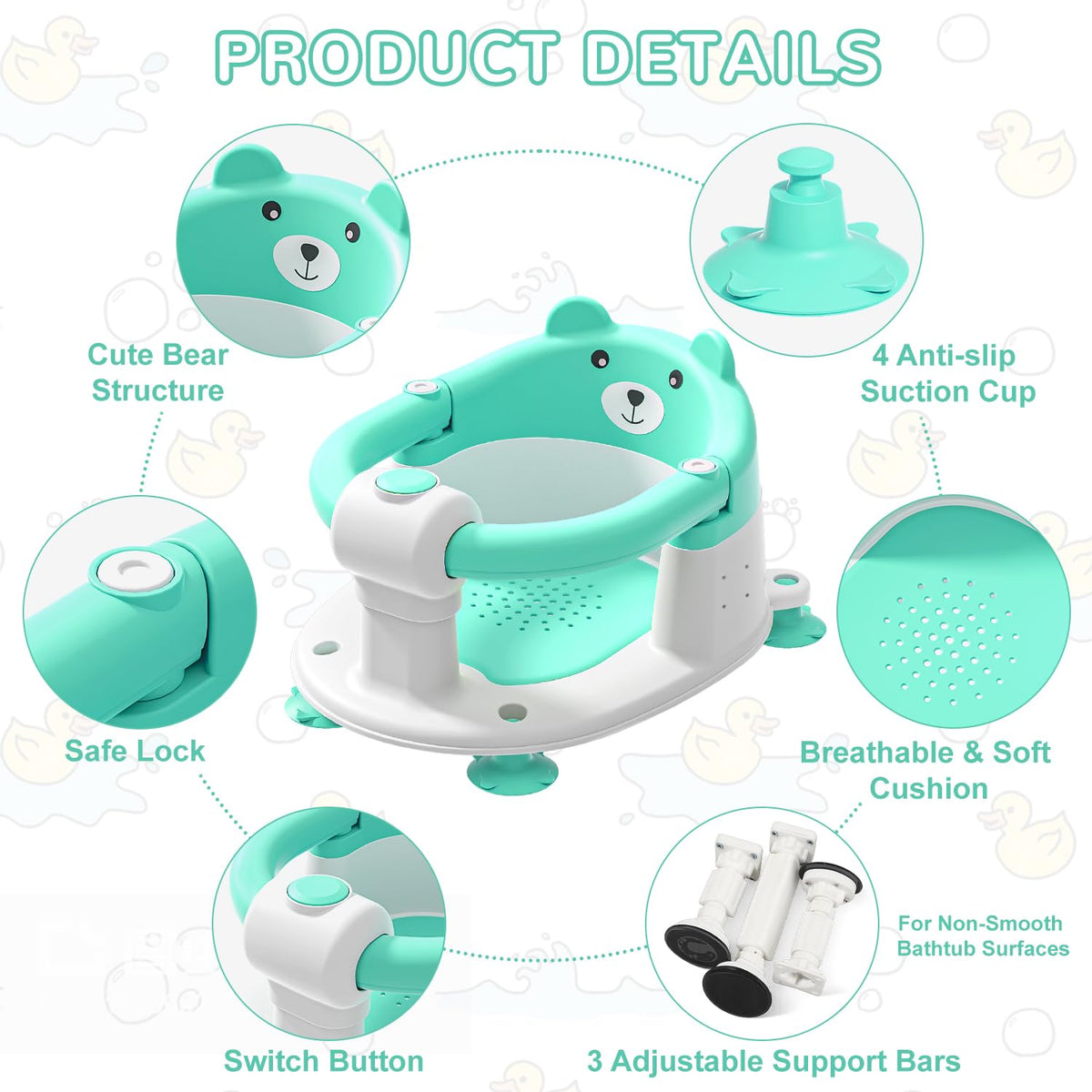 Baby Bath Seat for Babies 6 Months & up, Non-Slip Toddler Bath Seats for Babies Sitting Up, Safe Infant & Newborn Bathtub Chair with 4 Suction Cups & Soft Cushion for Shower,Gray