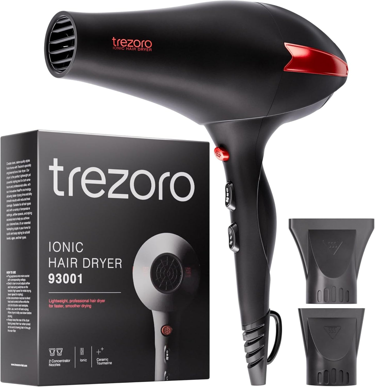 Professional Hair Dryer with 2 Concentrator Nozzles, 2000W, Black