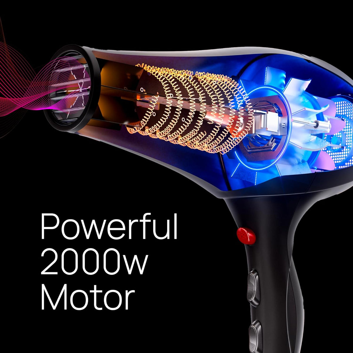Professional Hair Dryer with 2 Concentrator Nozzles, 2000W, Black
