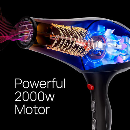 Professional Hair Dryer with 2 Concentrator Nozzles, 2000W, Black