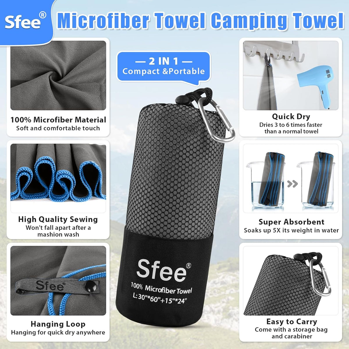 2 Pack Microfiber Travel Towel, Quick Dry Camping Towel Super Absorbent Compact Lightweight Sports Gym Towels Set for Gym, Hiking, Pool, Backpacking, Bath, Yoga