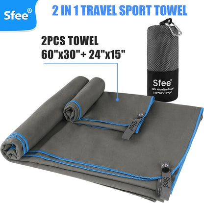 2 Pack Microfiber Travel Towel, Quick Dry Camping Towel Super Absorbent Compact Lightweight Sports Gym Towels Set for Gym, Hiking, Pool, Backpacking, Bath, Yoga