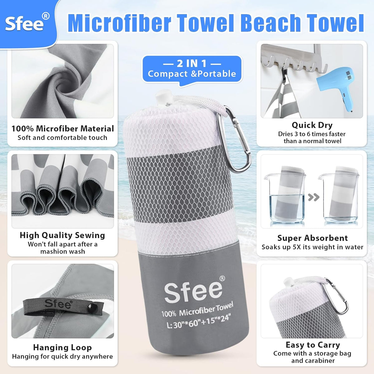 2 Pack Microfiber Travel Towel, Quick Dry Camping Towel Super Absorbent Compact Lightweight Sports Gym Towels Set for Gym, Hiking, Pool, Backpacking, Bath, Yoga